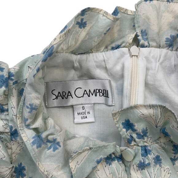 Sara Campbell Ruffle Dress 8 Blue Floral Mini Tiered Sleeveless Pockets Coastal - Picture 4 of 12